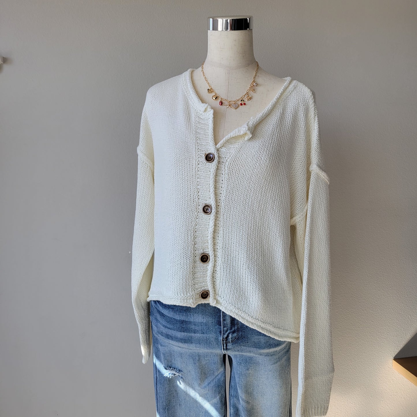 Drop Shoulder Oversized Crop Cardigan White