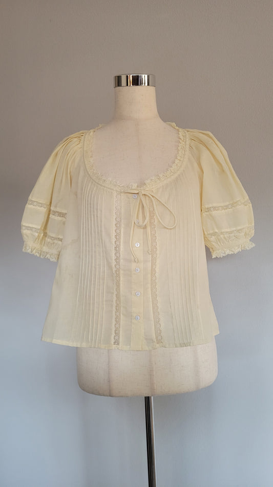 Kim Tie-front Pintuck Cotton Butter Yellow Blouse