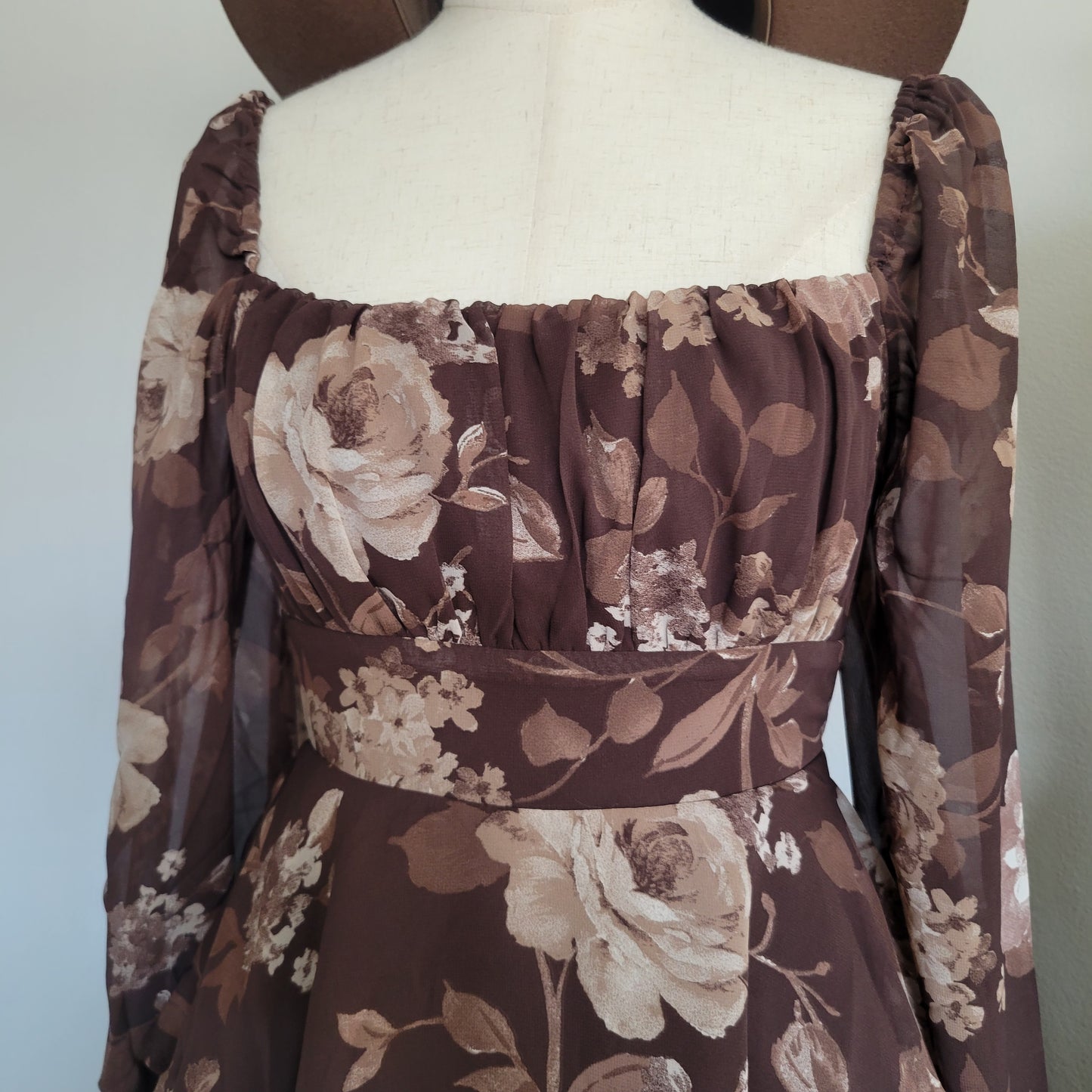 Floral Long Sleeve Triple-layer Mini Dress Brown