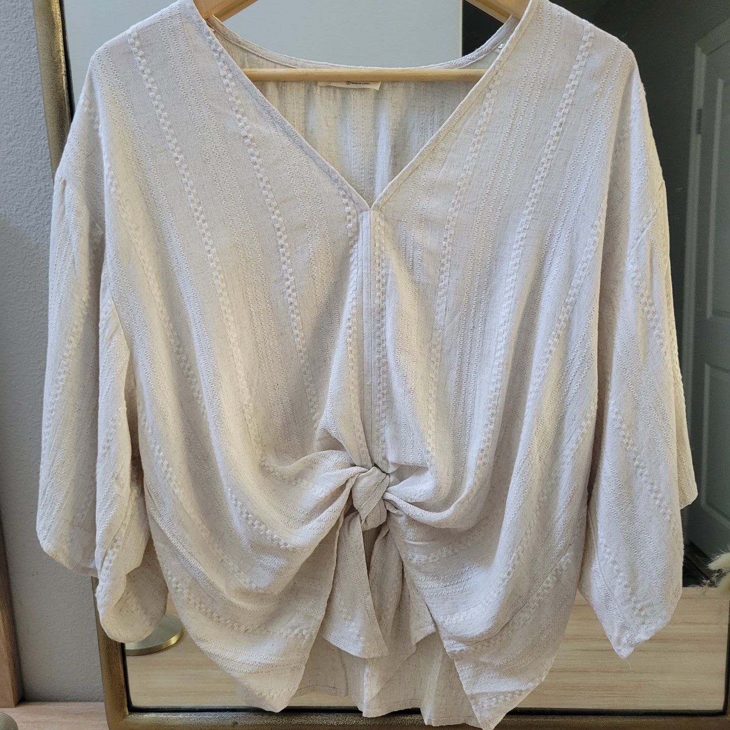 Jacquard Linen V-neck Tie Front Blouse