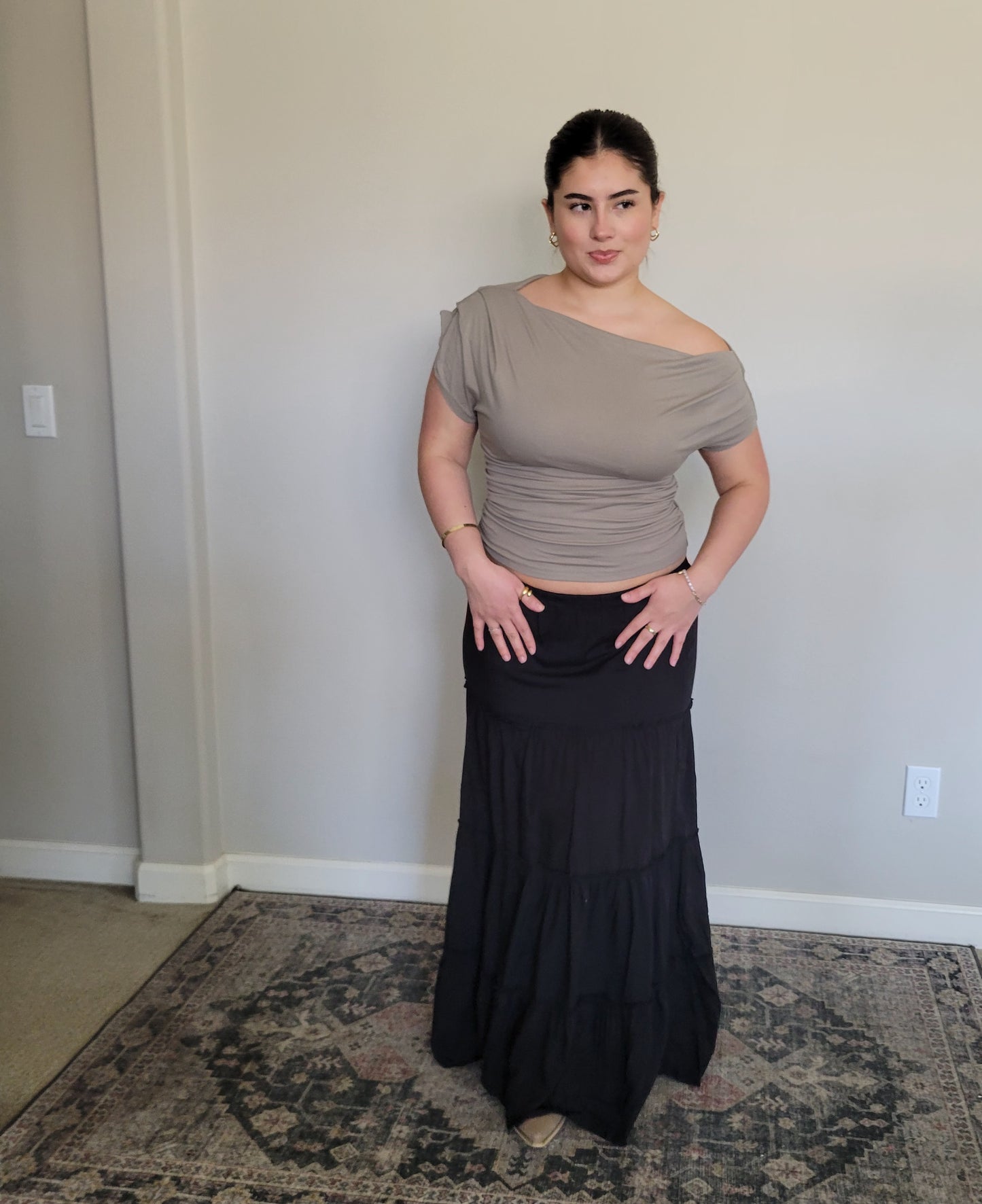 Asymmetrical Neck Line Ruched Knit Top Olive