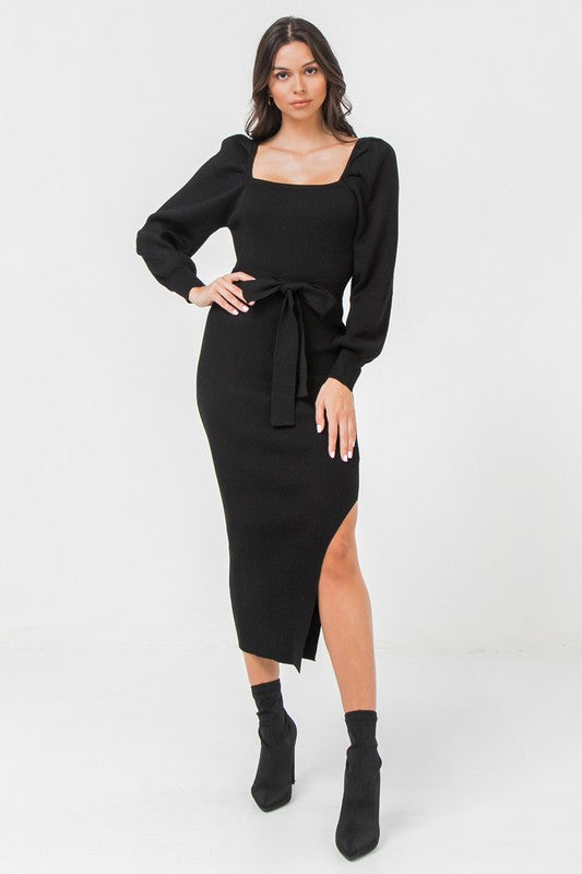 ribbed midi sweater dress Black Long Sleeve | Womens | X-Large (Available in M, L) | Polyester/Viscose 80% Viscose Avec Les Filles Women's Radial-Rib