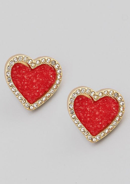 Heart Druzy Stone Earrings- Red