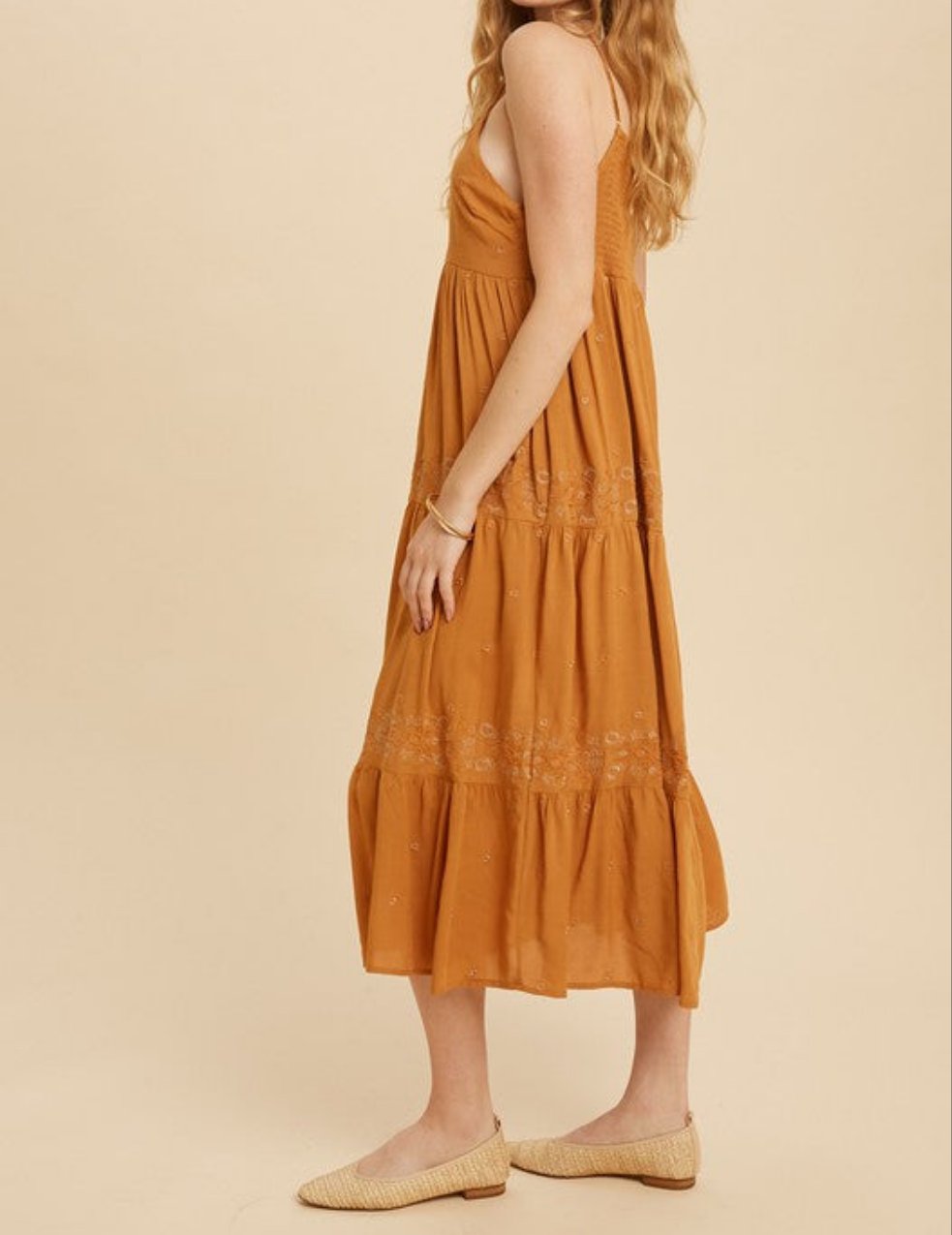 Embroidered Golden Midi Sun Dress