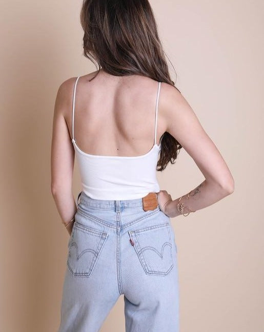 V-Neck Skinny Strap Low Back Brami Top-White