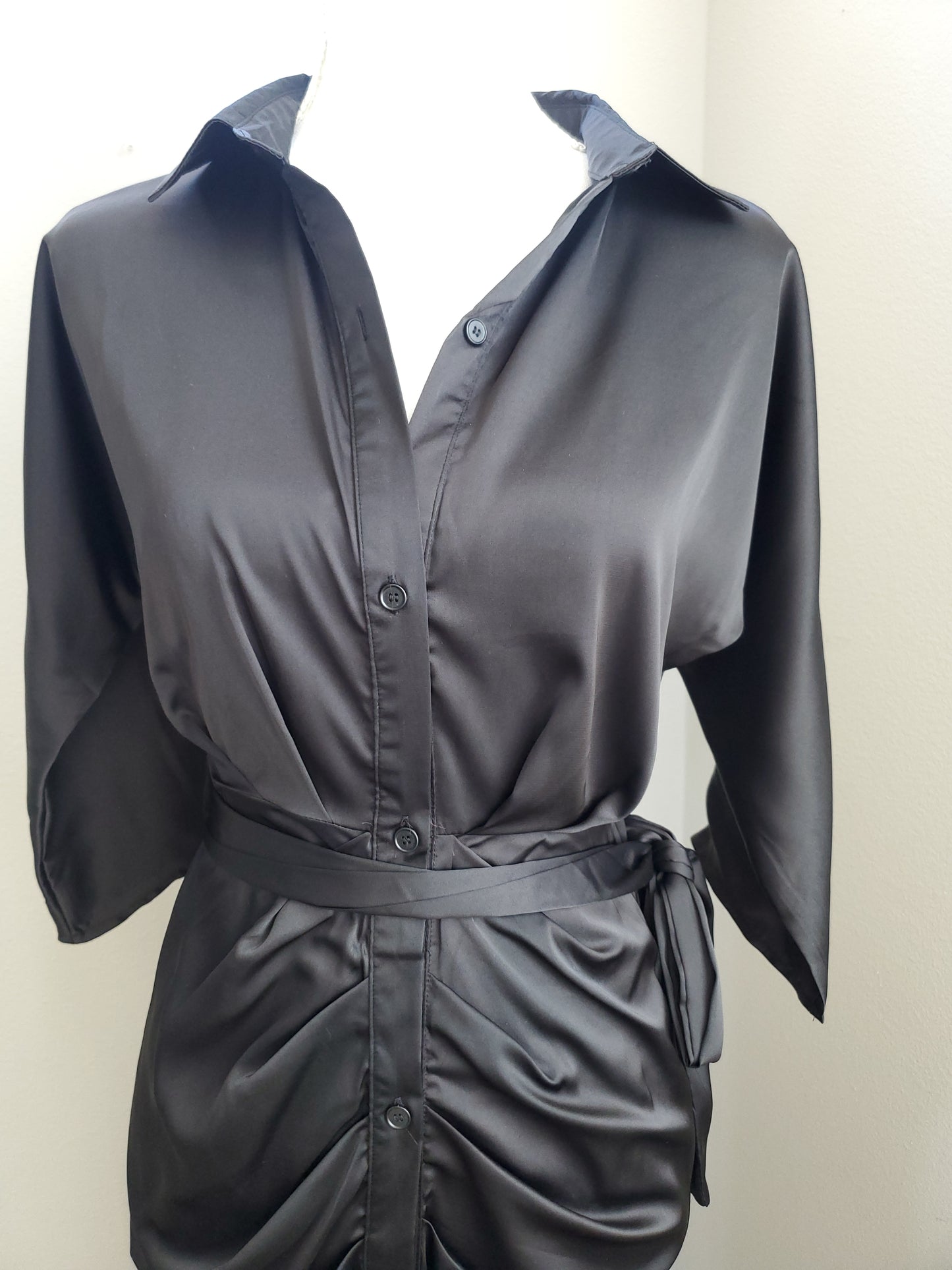 Button Down 3/4 Sleeves Dress Black