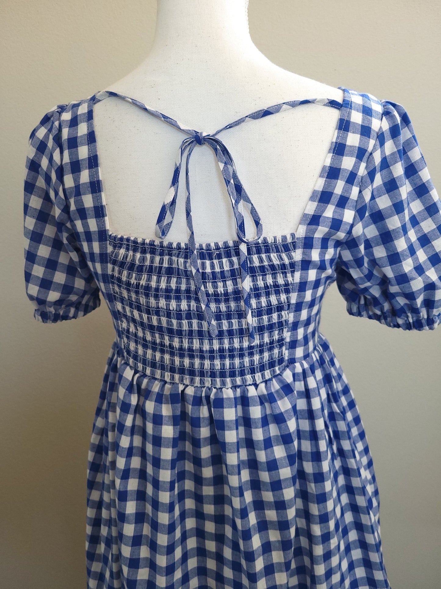 Gingham Square Neck Dress Blue