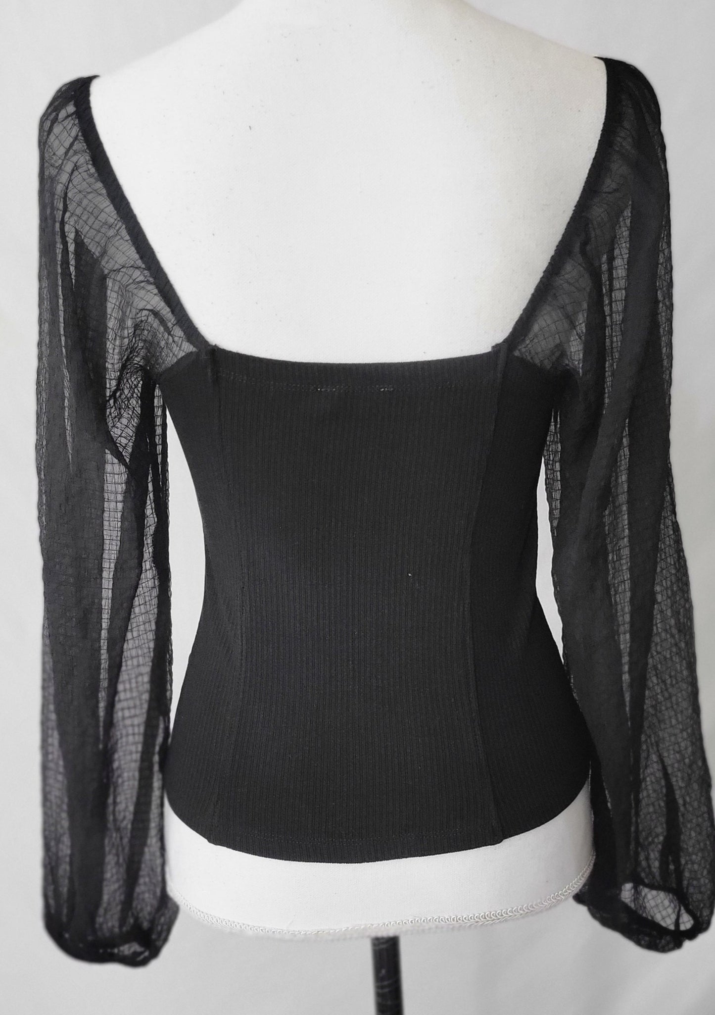 Sheer Chiffon Sleeve Square Neck Black Top