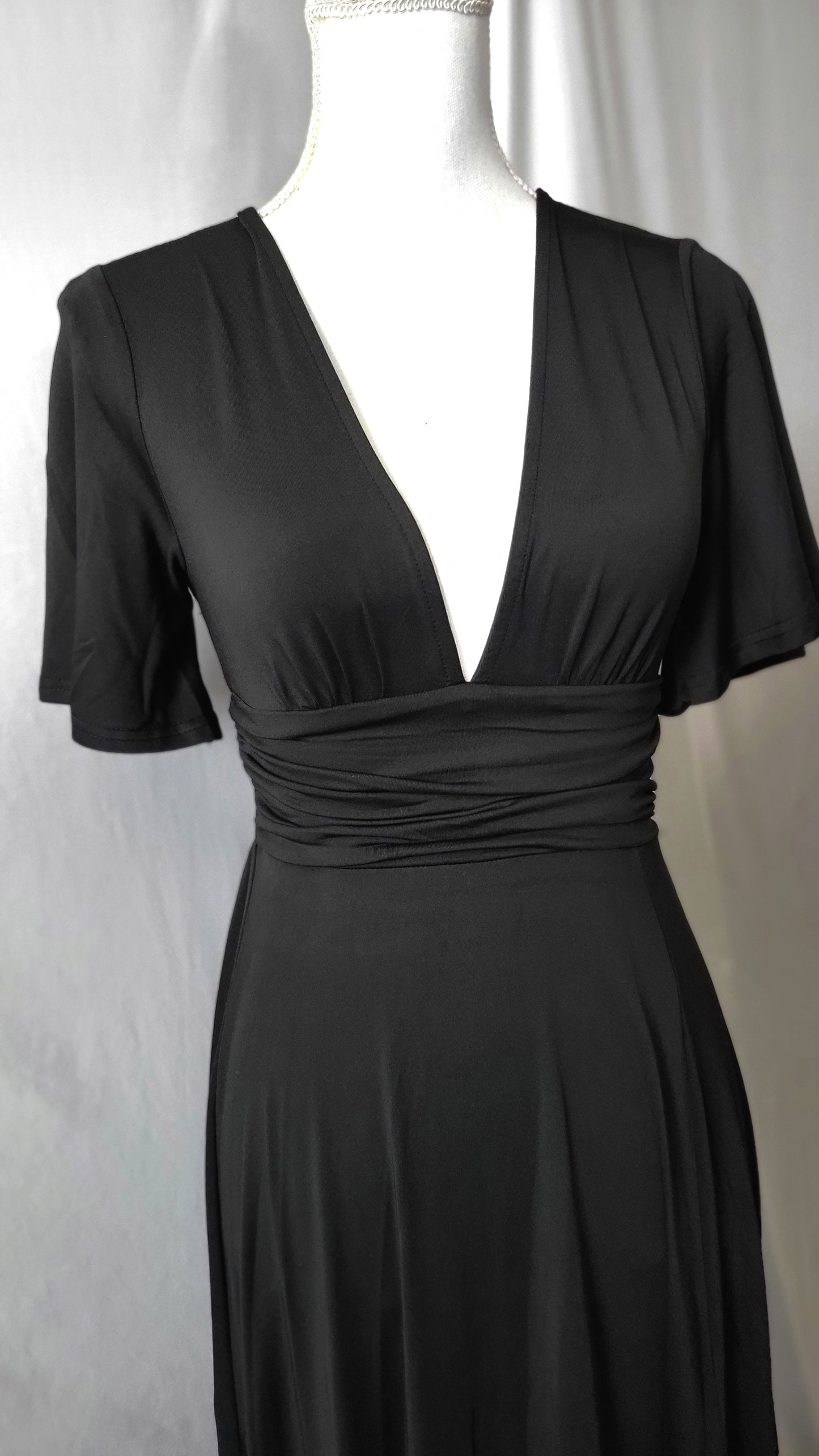 V Neck Venetian Maxi Dress Side Slit Black