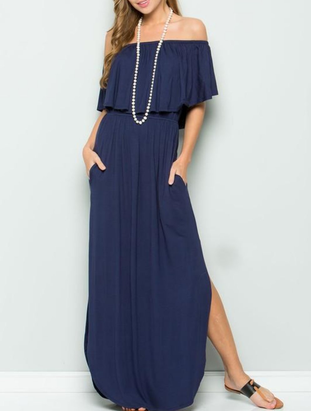 Off The Shoulder Maxi Dress-Navy