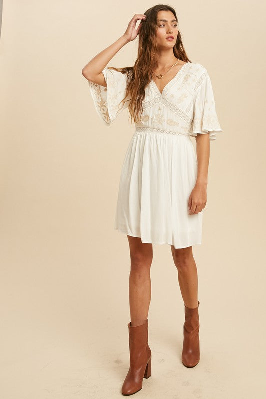 Flutter Sleeves EMBROIDERED MINI White DRESS