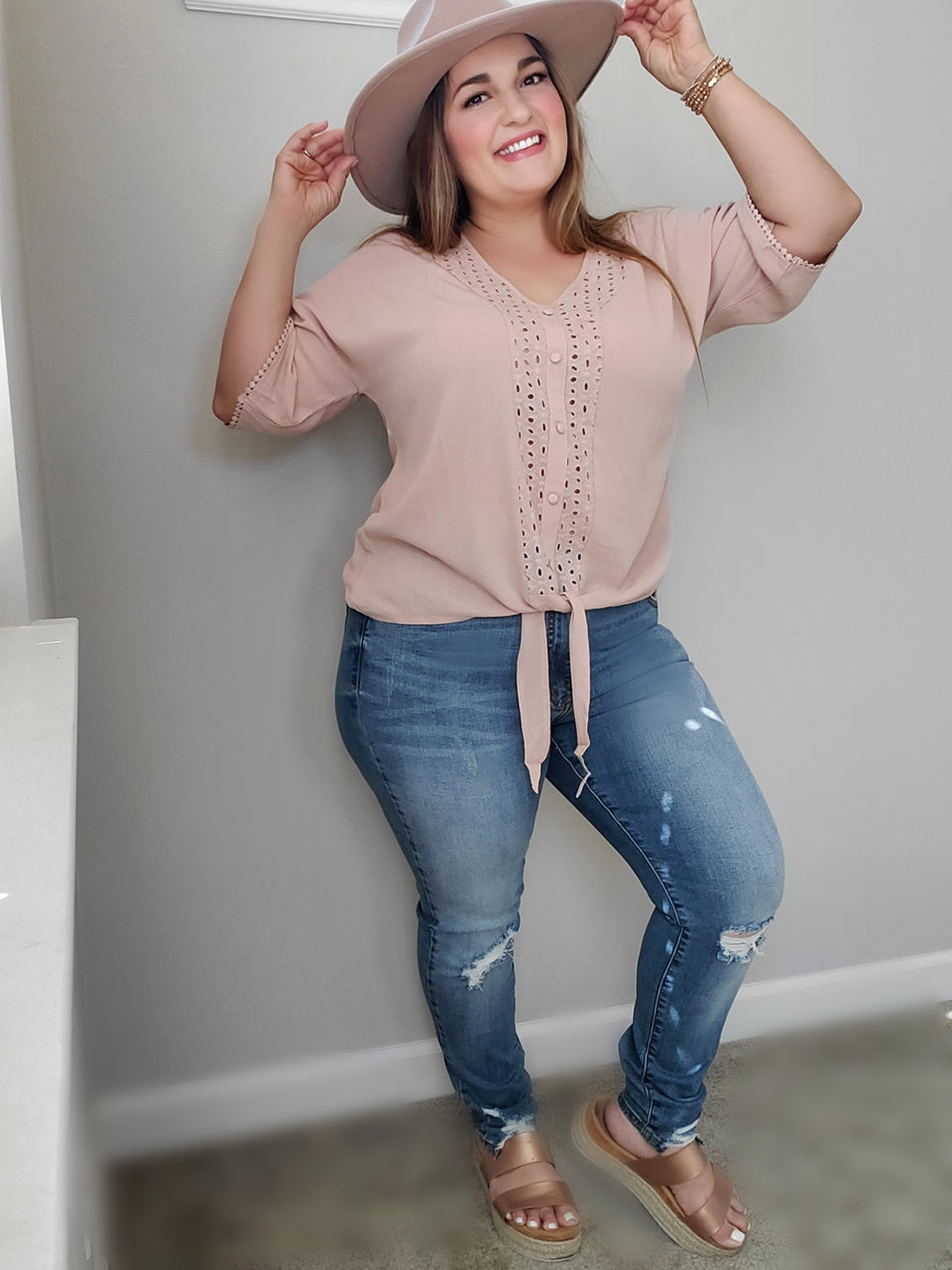 Taupe Eyelet Top