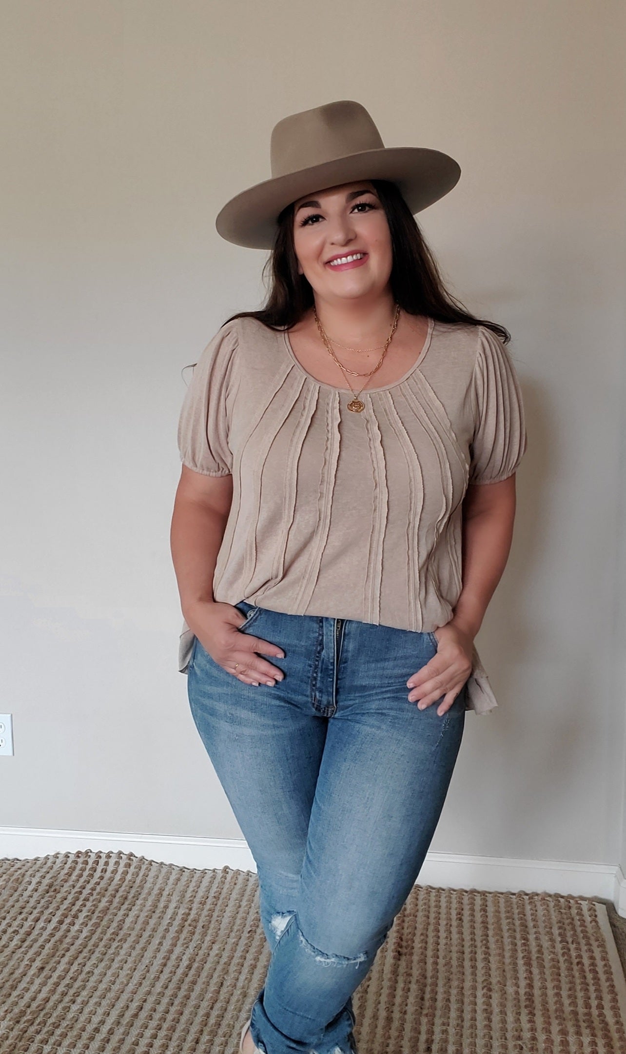 Puff Sleeves Babydoll Taupe Top