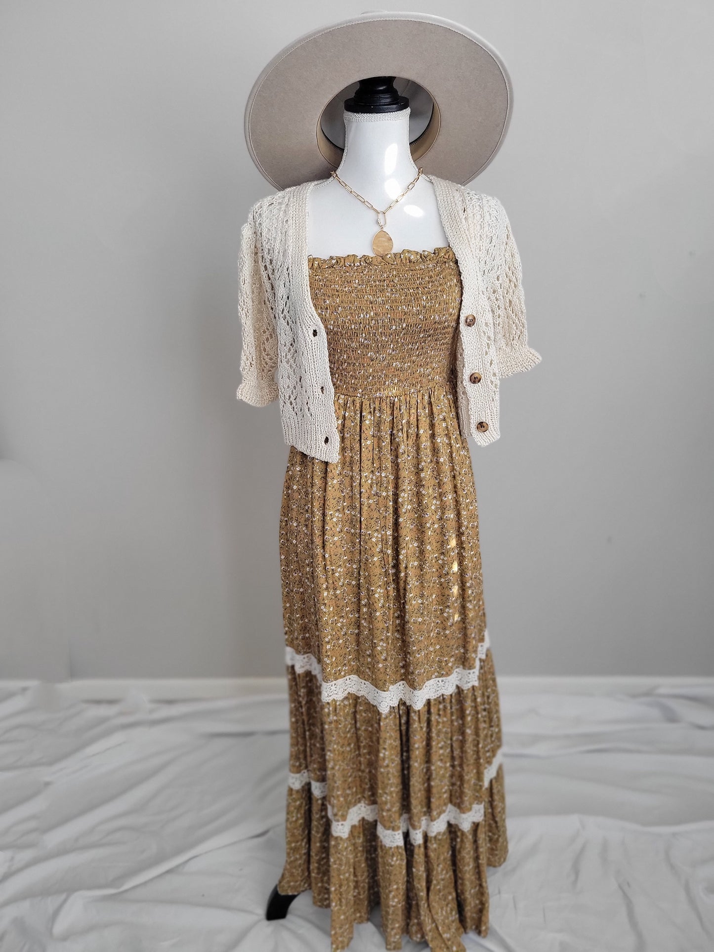 Smocked Lace Trim Maxi Dress