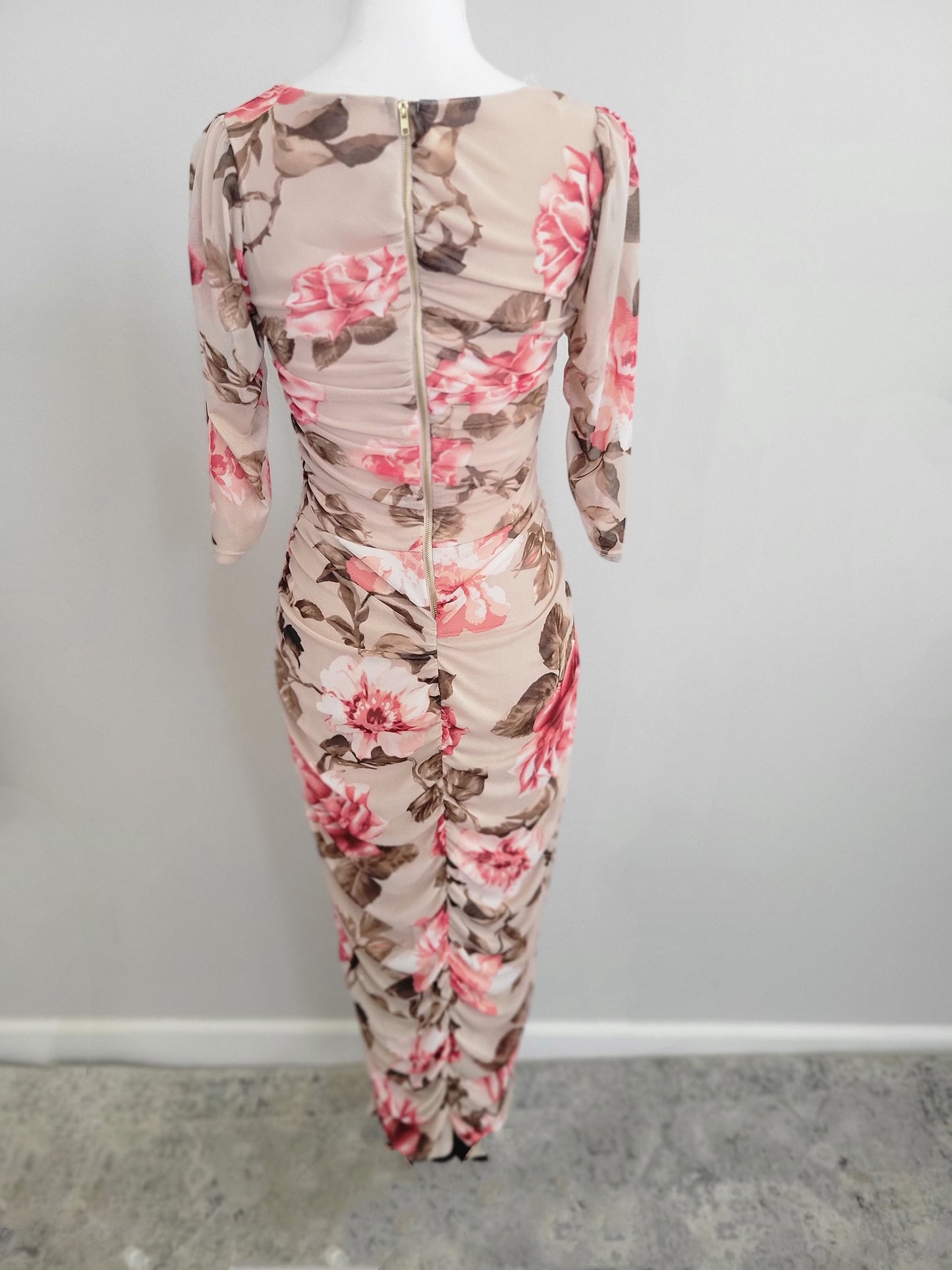 Ruched Bodycon Floral Garden Party Midi Dress