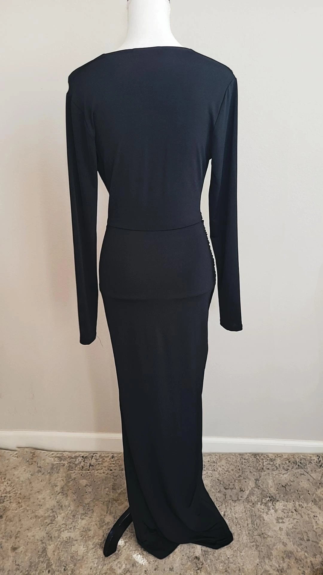 Long Sleeve Ruched Surplice Bodycon Dress-Black