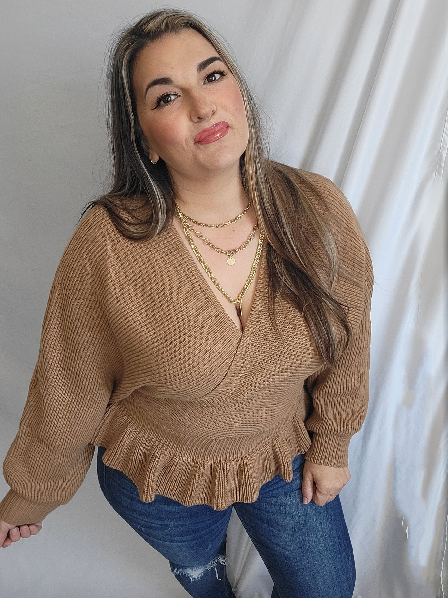 Long Sleeve Solid Knit Surplice V Neck Sweater-Camel