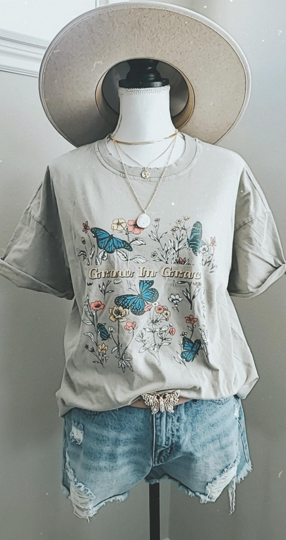 OVERSIZED GROW IN GRACE BUTTERFLY FLOWERS GRAPHIC Taupe Mineral Wash Graphic Tee