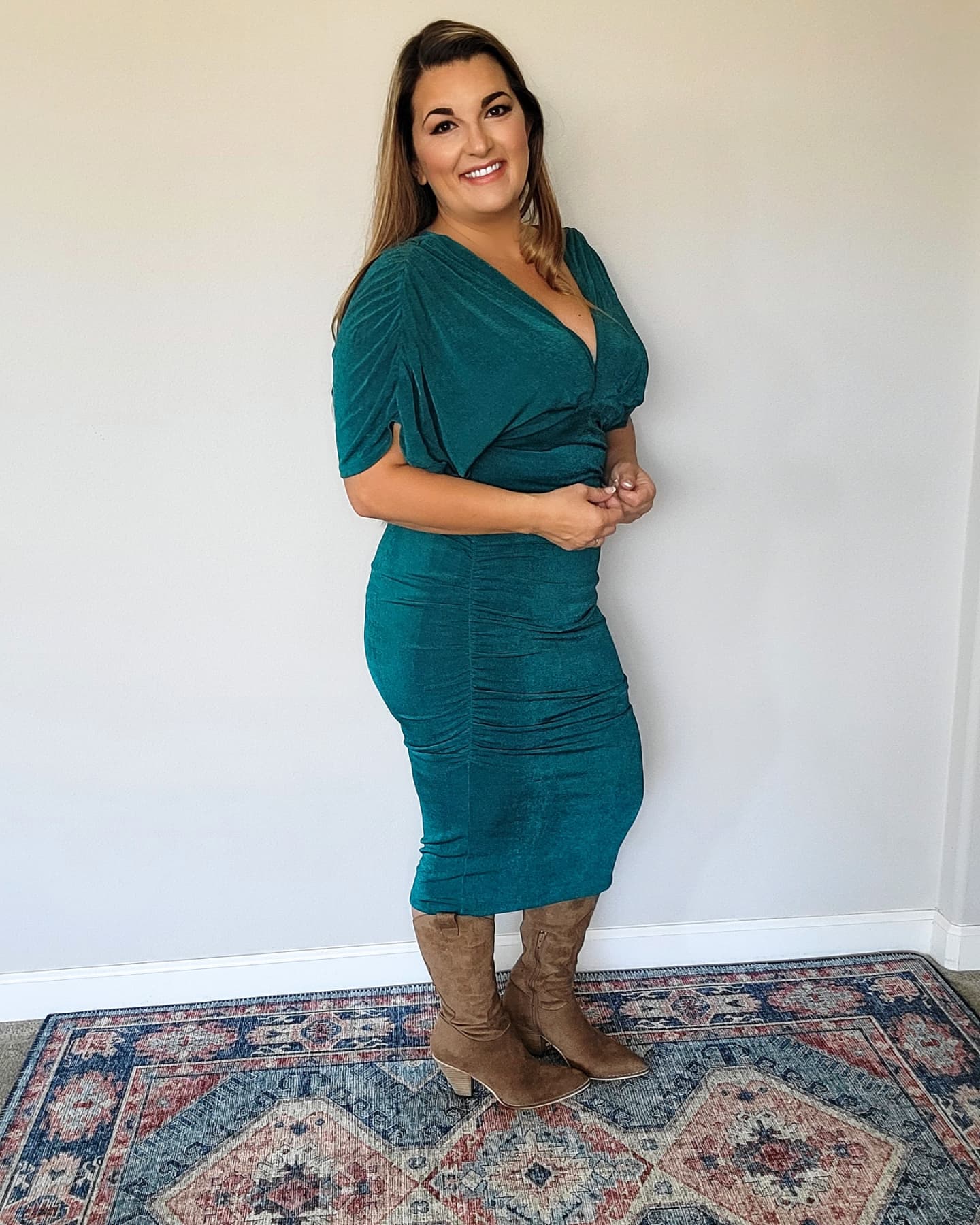 Ruched Bodycon Slinky Green Dress With Side Slit