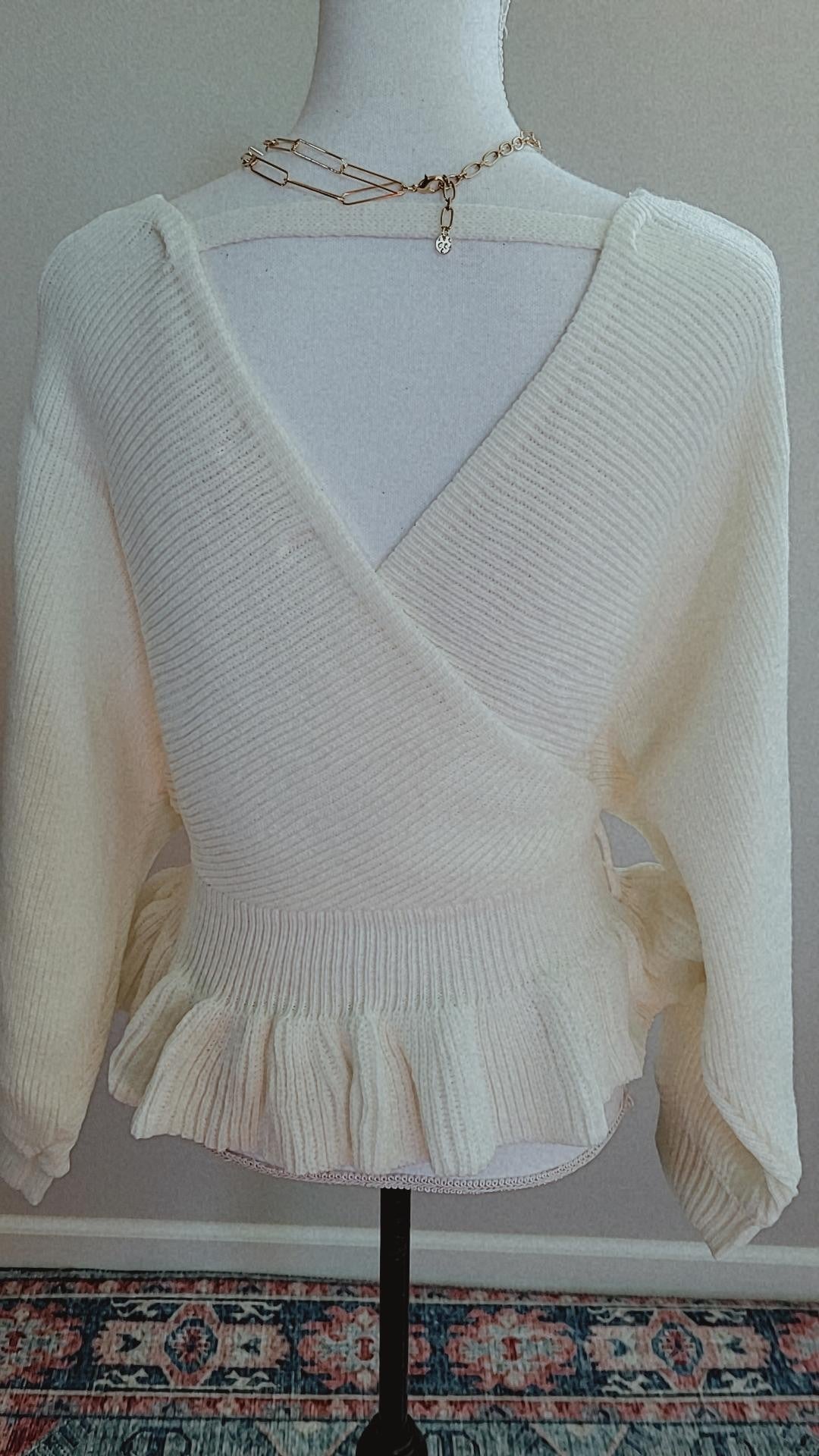 Long Sleeve Solid Knit Surplice V Neck Sweater-White