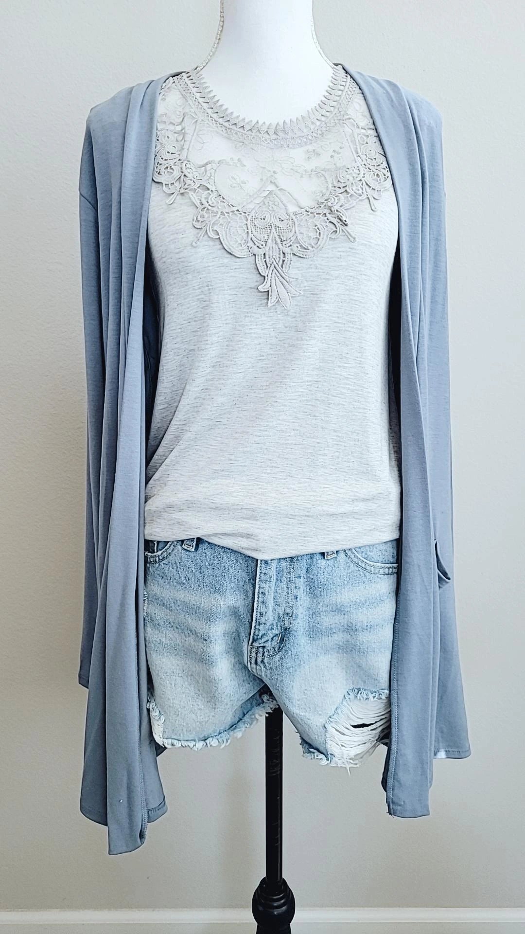 Embroidery Lace Trim Lace Grey Tank Top S-XL