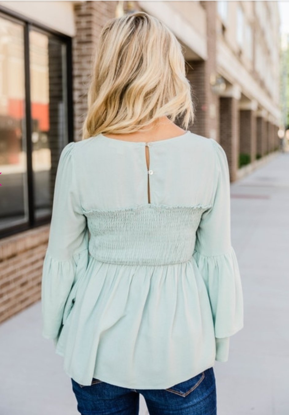 Sage Smocked Bell Sleeve Blouse