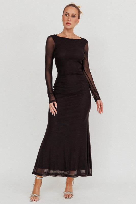 Long Sleeve Mesh Black Maxi Dress