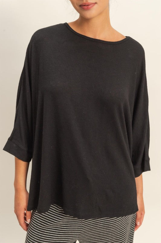 Batwing 3/4 Sleeve Oversized Top Black