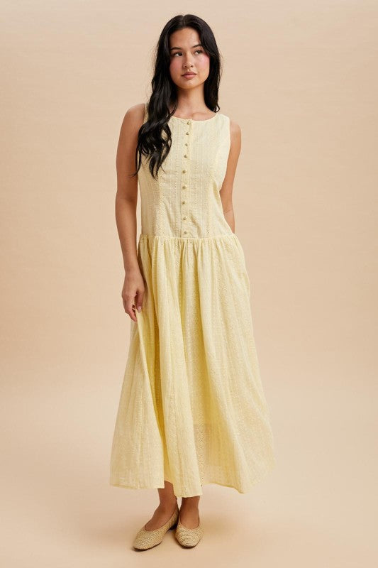 Joy Drop Waist Eyelet Embroidered Butter Yellow Maxi Dress