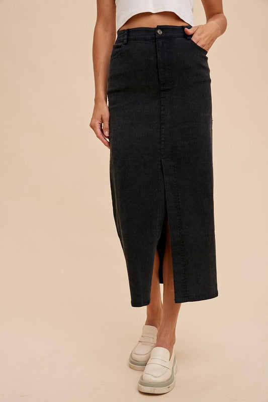 GARMENT WASHED STRETCH TWILL PENCIL SKIRT - BLACK