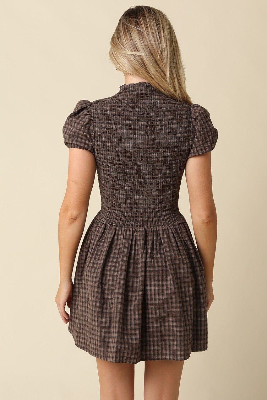Susan Plaid Smocked Cotton Linen Brown Mini Dress