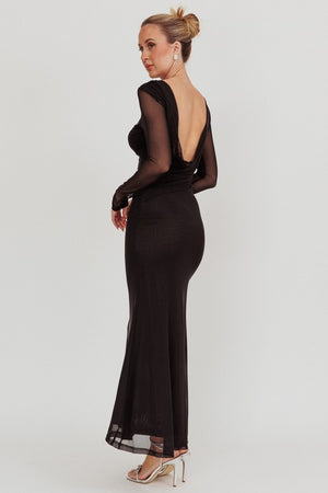 LONG SLEEVE MESH BLACK MAXI DRESS