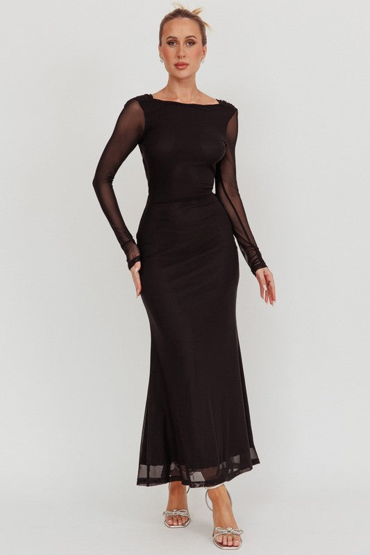 LONG SLEEVE MESH BLACK MAXI DRESS