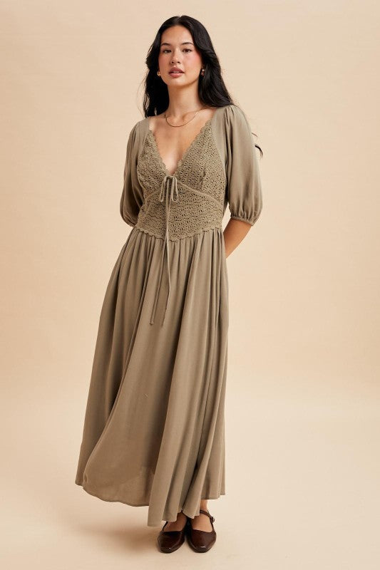 Annabeth Crochet Lace Bodice Olive Fern Maxi Dress
