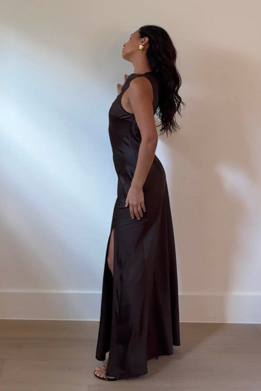 One Shoulder Front Slit Maxi Dress Espresso Brown