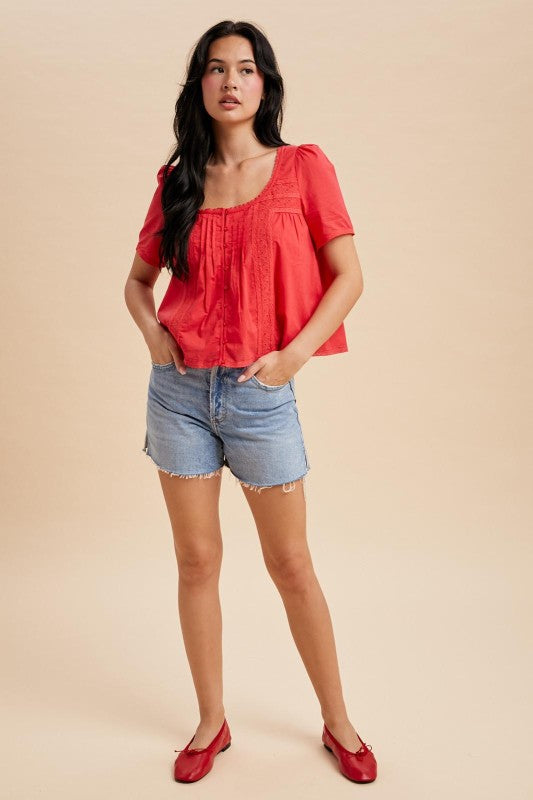 Roize Darling Cotton Lace Inset Top Chili Red