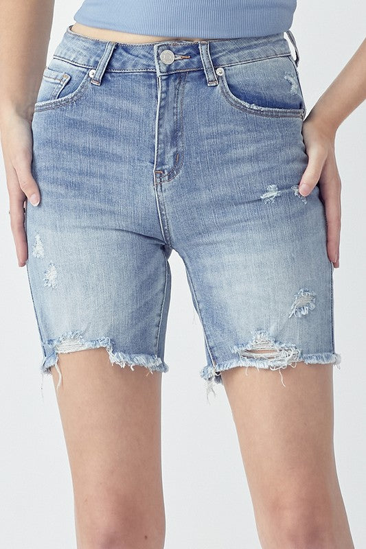 High Rise Mid Thigh Light Wash Jean Shorts