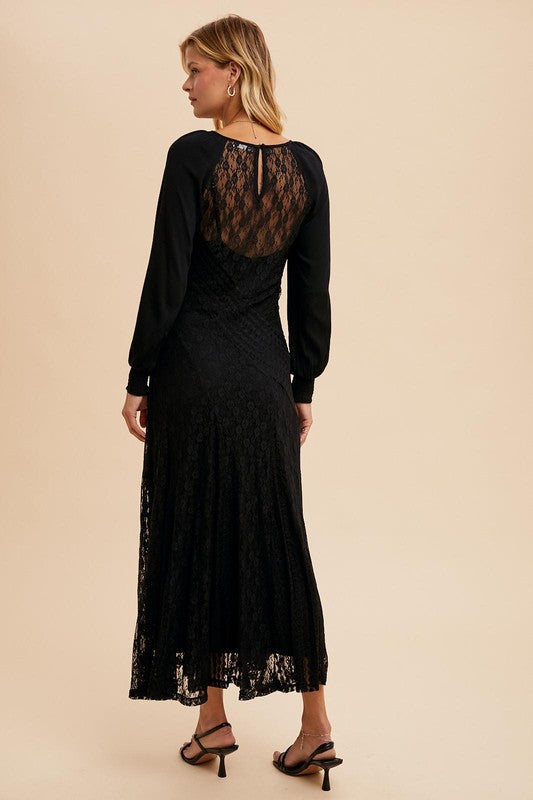 RAGLAN VINTAGE LACE PANELED DRESS BLACK