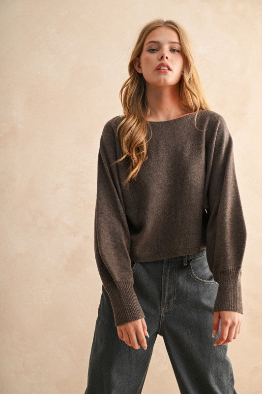 Boat Neck Cashmere Mix Sweater Brown