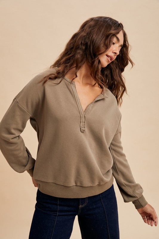 V Neck Cotton Pullover Taupe Olive