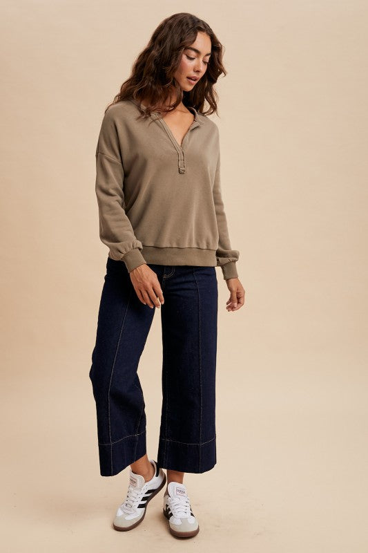 V Neck Cotton Pullover Taupe Olive