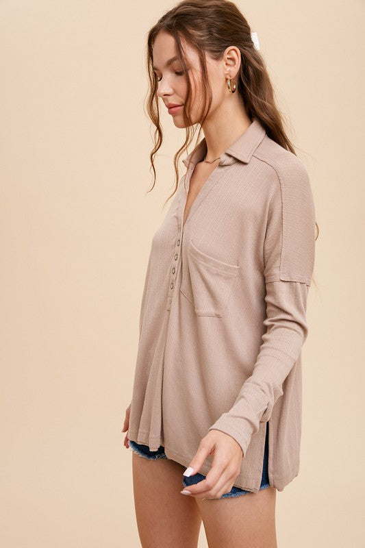 OVERSIZED RIBBED LONG SLEEVE HENLEY TOP