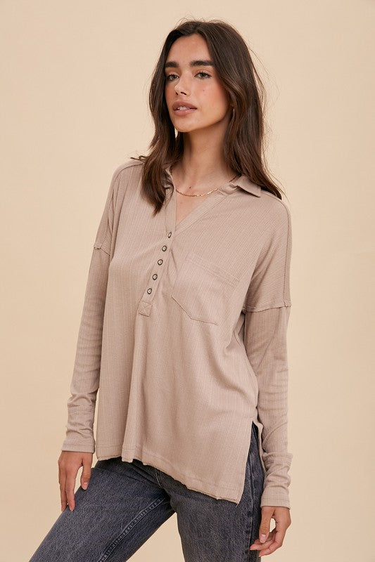 OVERSIZED RIBBED LONG SLEEVE HENLEY TOP