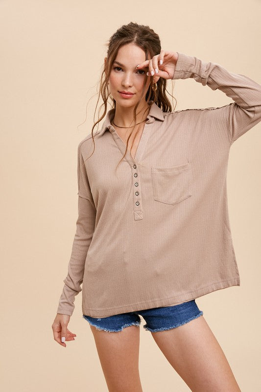 OVERSIZED RIBBED LONG SLEEVE HENLEY TOP