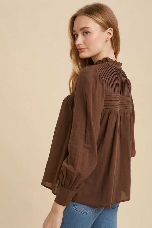 Pintuck Pleated Mock Neck Cotton Blouse Brown