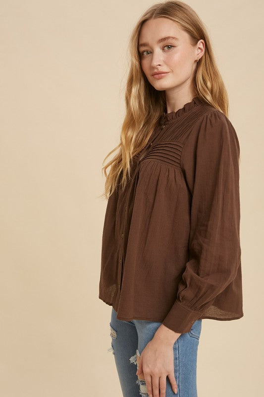 Pintuck Pleated Mock Neck Cotton Blouse Brown