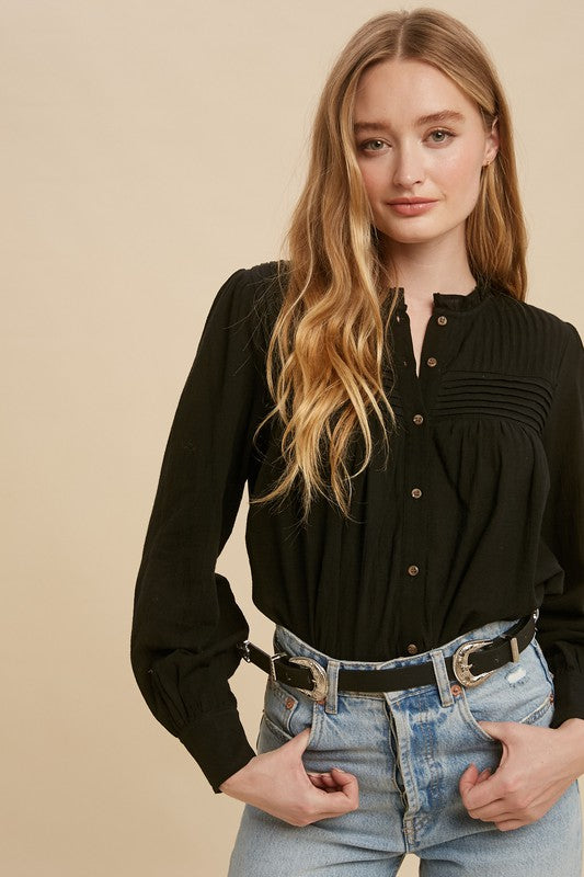 Pintuck Pleated Mock Neck Cotton Blouse Black – Mota Boutique