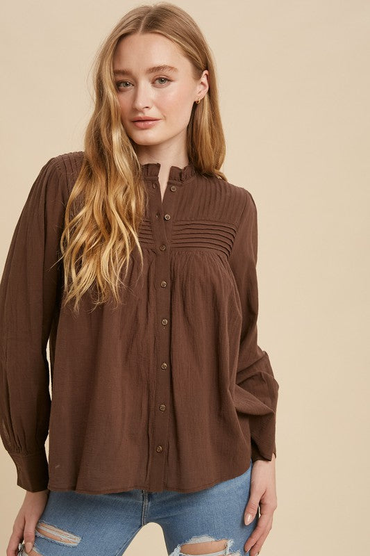 Pintuck Pleated Mock Neck Cotton Blouse Brown