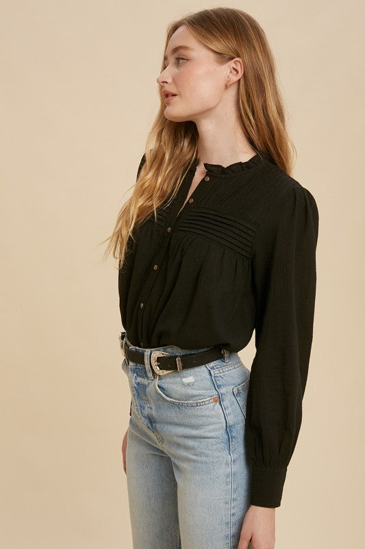 Pintuck Pleated Mock Neck Cotton Blouse Black