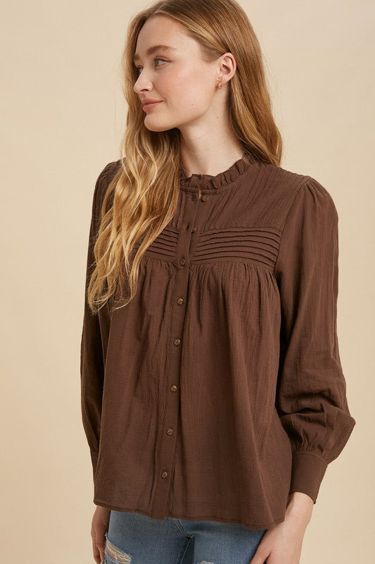 Pintuck Pleated Mock Neck Cotton Blouse Brown